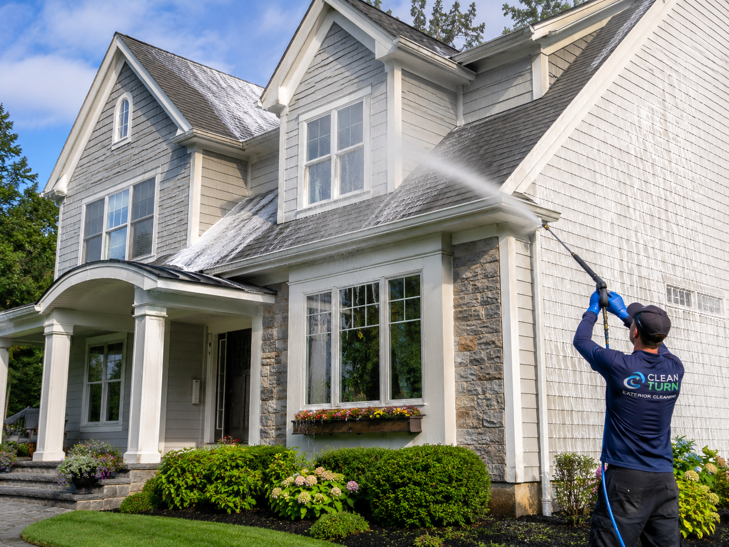 Soft washing a home roof and siding